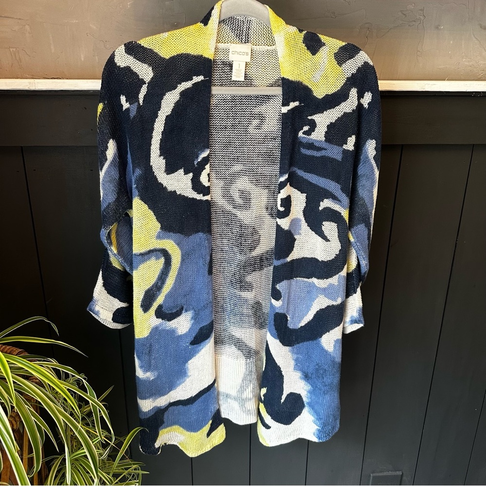 Chico's Julia Women's Blue and Yellow Open‎ Abstract Front Long Cardigan size 1